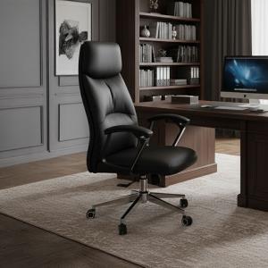 ألفا كرسي مكتب جلد أسود بمسند ظهر عالي وودي